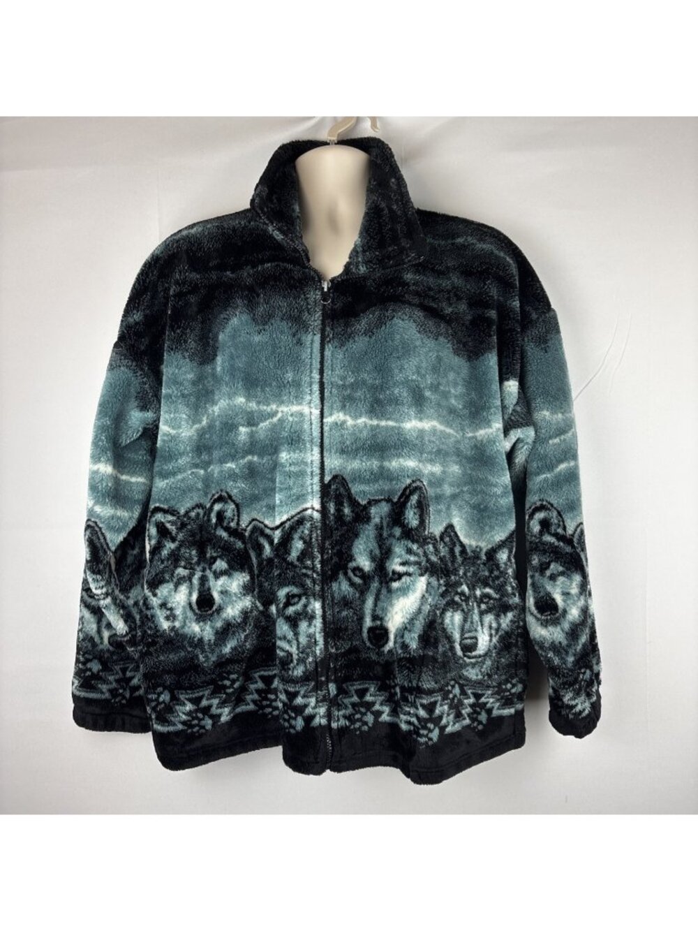 Vintage 90s Wolves All Over Print Fleece Jacket Made in USA Cobblestone Canyon